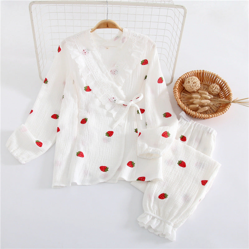Postpartum Lounge Set – Crossover Nursing Kimono, Cotton – Strawberry White