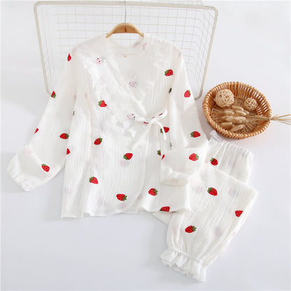 Postpartum Lounge Set – Crossover Nursing Kimono, Cotton – Strawberry White