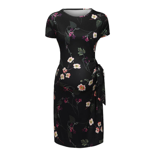 Black Floral Maternity Dress – Short-Sleeve Side-Tie – view 3