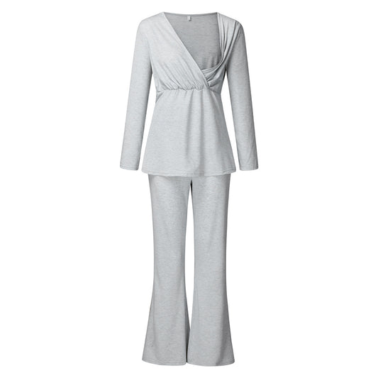 Layered V-Neck Nursing Pajama Set – Long-Sleeve Top & Pants – view 2