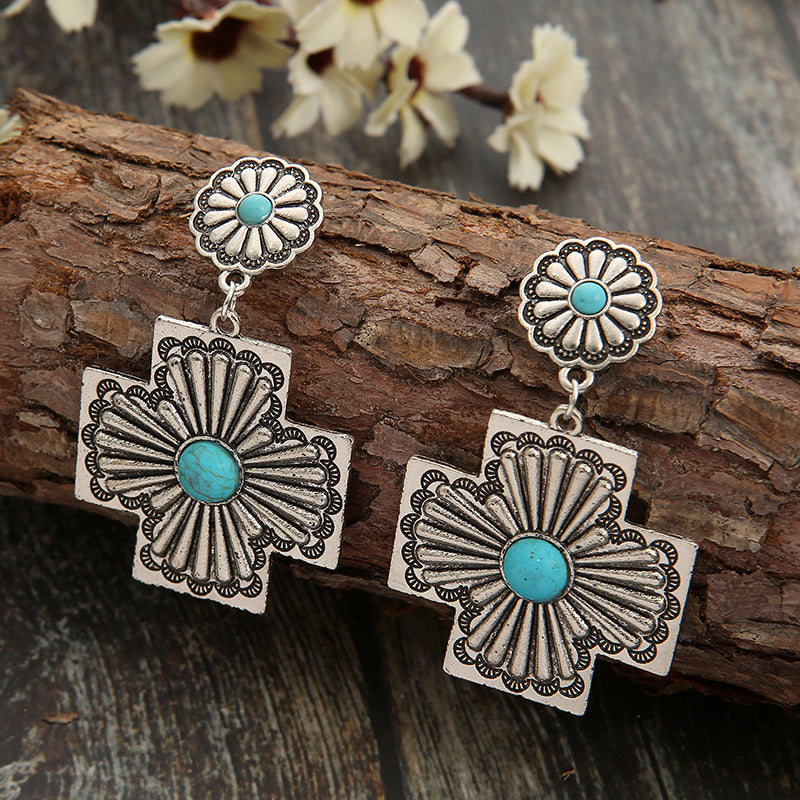Concho Cross Earrings – Blue-Green Stone-Look, Silver-Tone