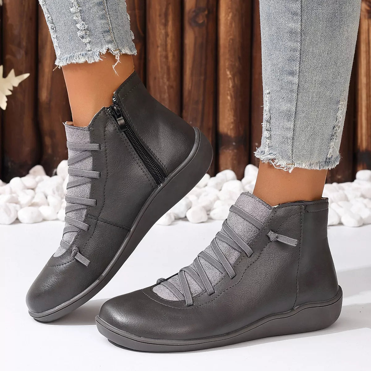 Faux Leather Ankle Boots – Lace-Up — view 27