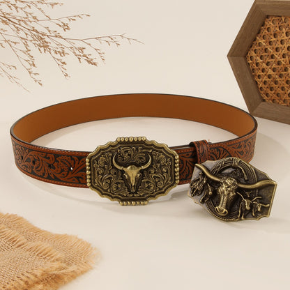 Steer Skull Western Belt – Embossed Faux Leather