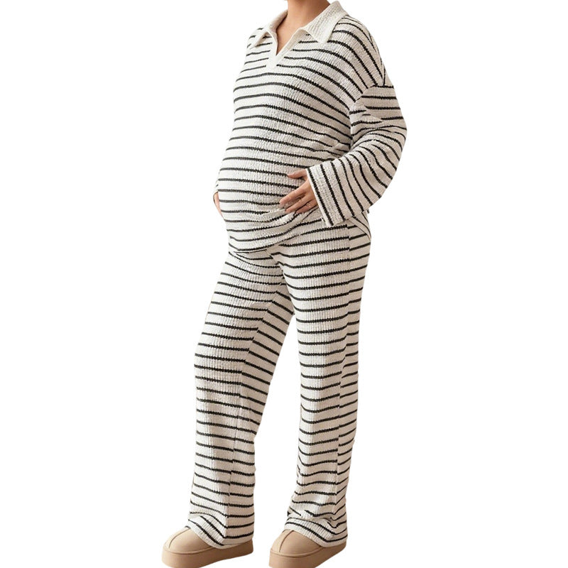 Maternity Knit Set – Striped Collared Top & Wide-Leg Pants – view 4
