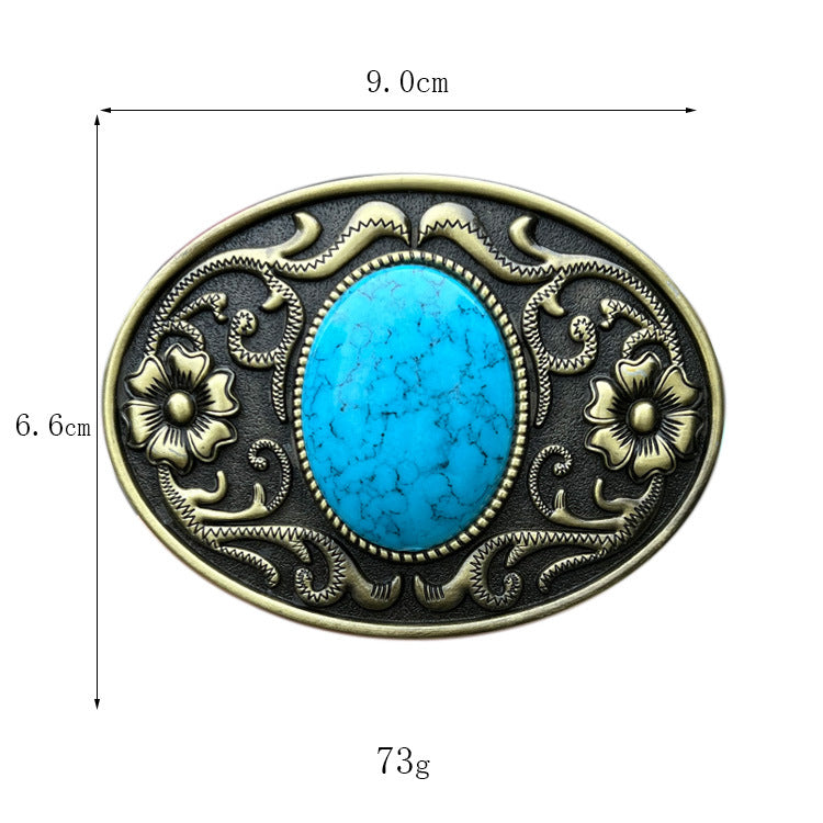 Blue-Green Stone-Look Western Belt Buckle – Floral Oval – view 4