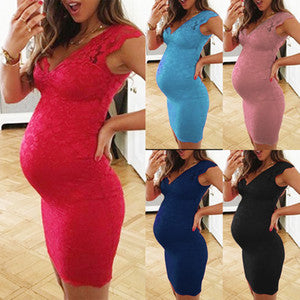 Lace Bodycon Maternity Dress – Sleeveless V-Neck Party Dress