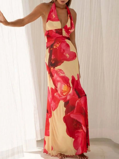 Floral halter deep-V maxi dress — view 16 | Organic Truth