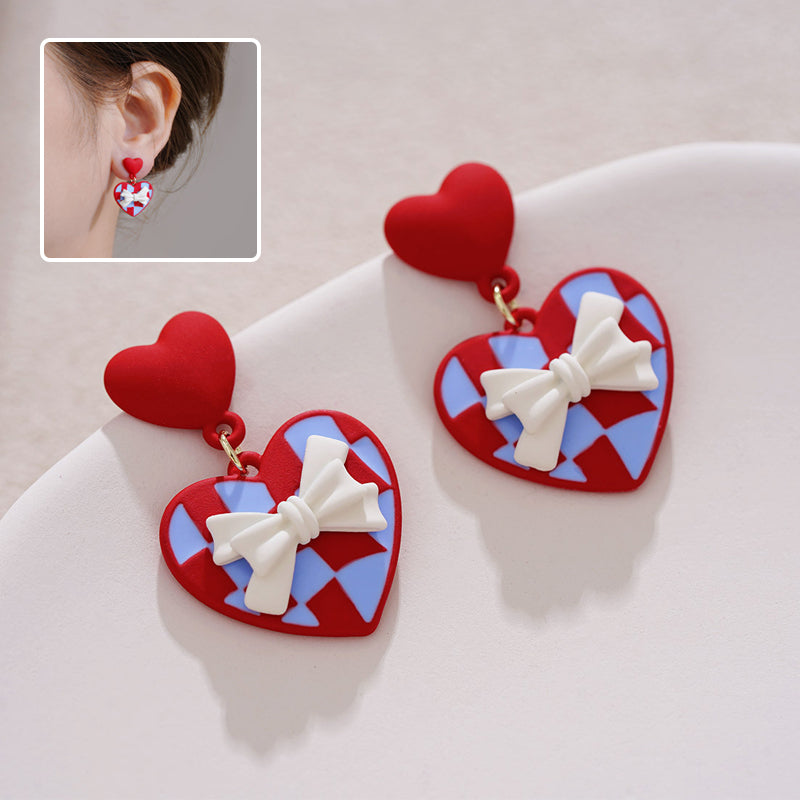 Red heart bow earrings: Red Heart and Bow Drop Earrings