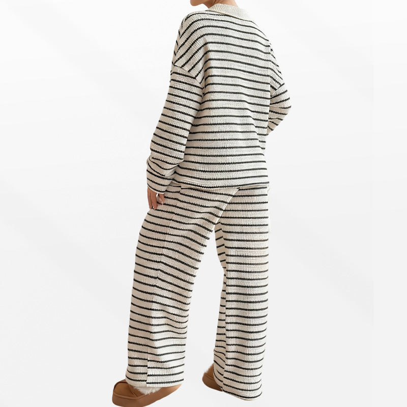 Maternity Knit Set – Striped Collared Top & Wide-Leg Pants – view 3