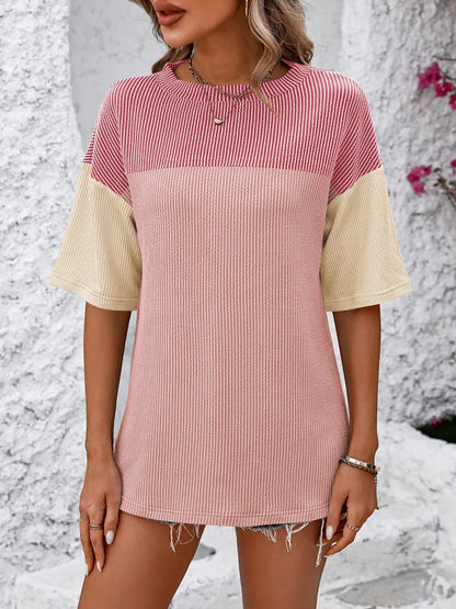 Color-block round-neck half-sleeve tee — view 3 | Organic Truth