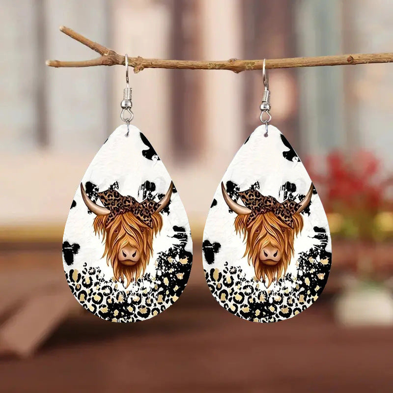Cow Print Earrings – Highland Cow Faux Leather Teardrops
