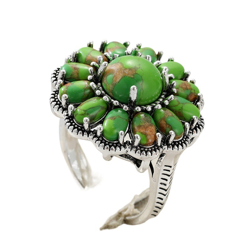 Green Stone-Look Cluster Ring – Antique Silver-Tone – view 5
