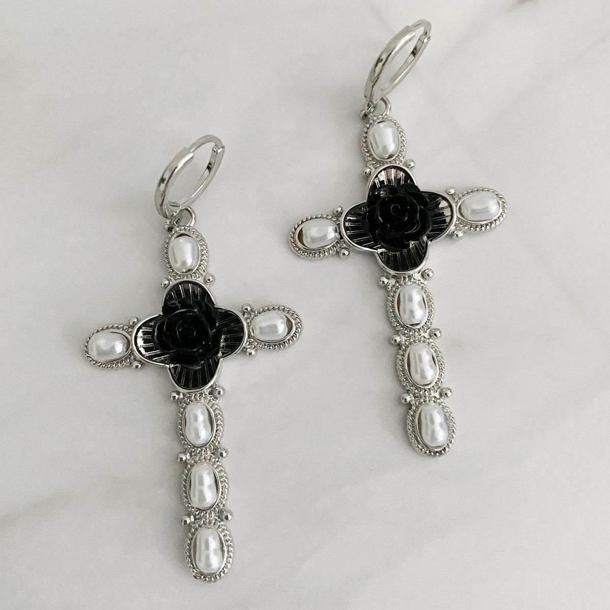 Black Rose Cross Drop Earrings-5