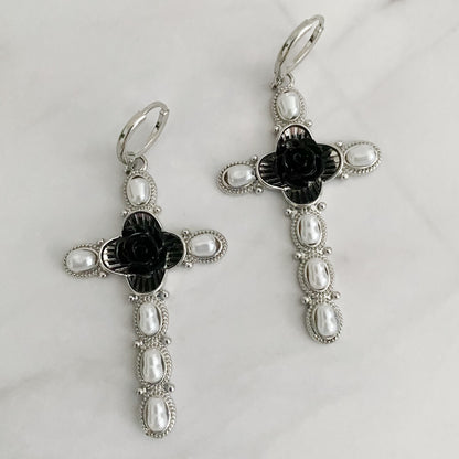 Black Rose Cross Drop Earrings-5