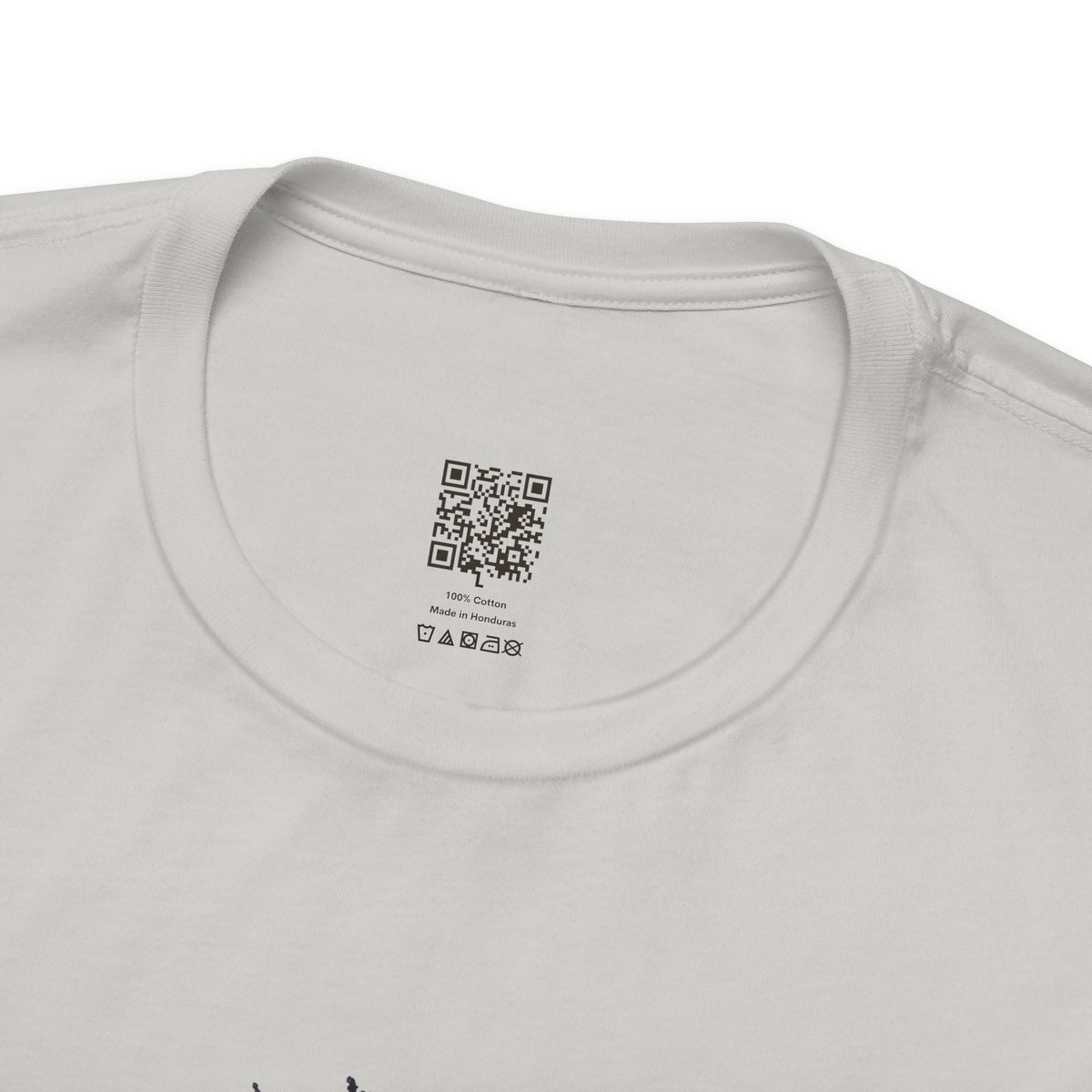 Dragon Eye graphic tee in silver, collar close-up: printed Organic Truth QR neck label