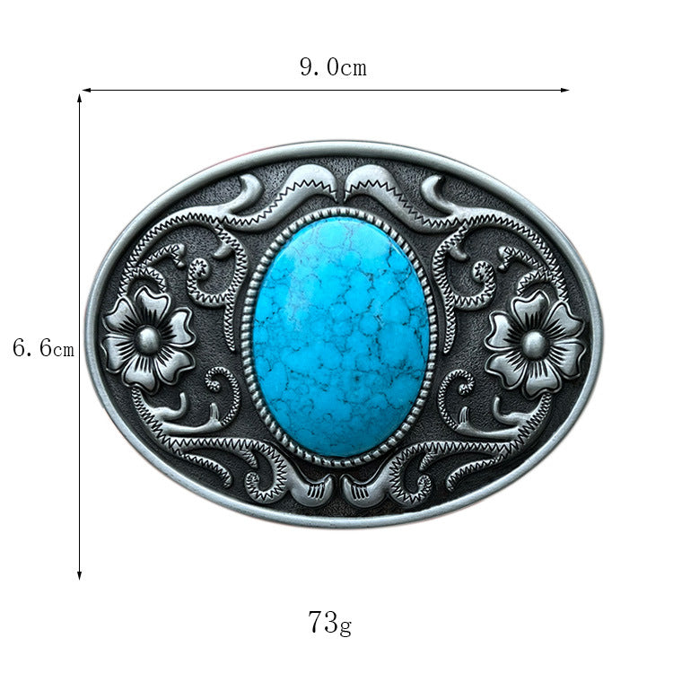 Blue-Green Stone-Look Western Belt Buckle – Floral Oval – view 3
