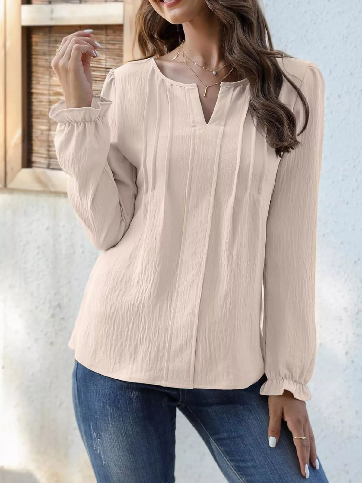 Notched Ruffle-Cuff Blouse — view 7