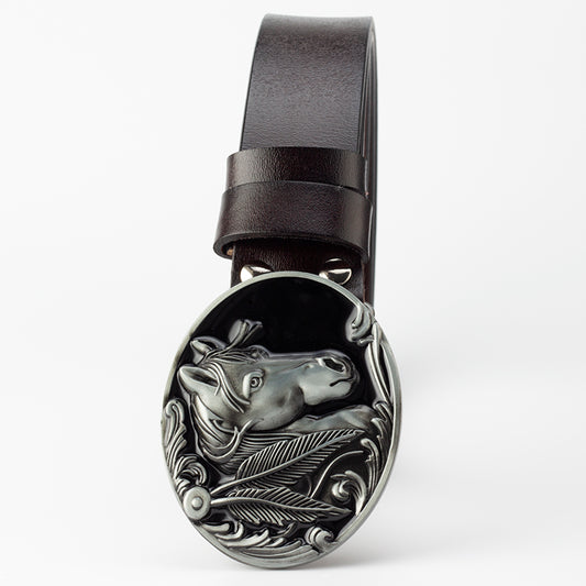 Horse Head Oval Buckle Western Belt – Leather, 12 Colors