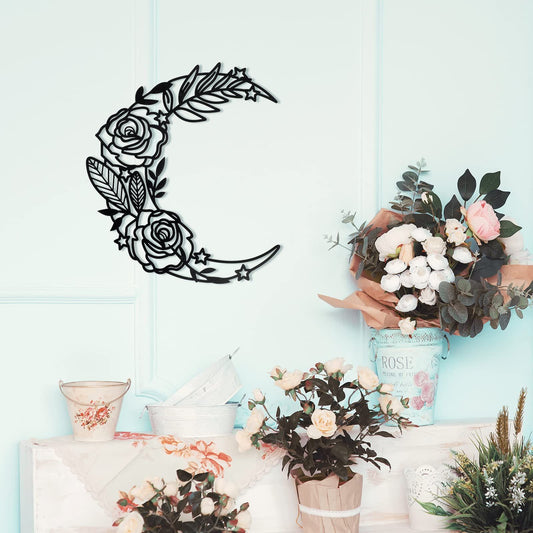 Floral Crescent Moon Metal Wall Art – Celestial Decor