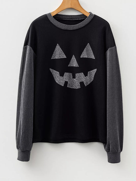 Halloween Pumpkin Top — Rhinestone Ribbed Sleeves — product photo 2 | Organic Truth