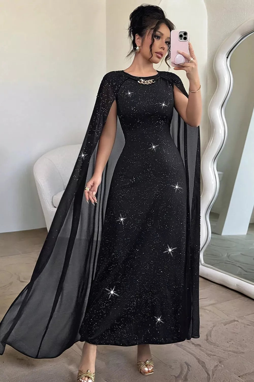 Glitter Maxi Dress – Cape Sleeve