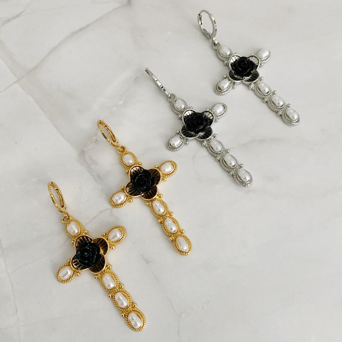 Black Rose Cross Drop Earrings-0