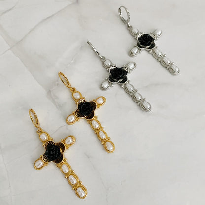 Black Rose Cross Drop Earrings-0