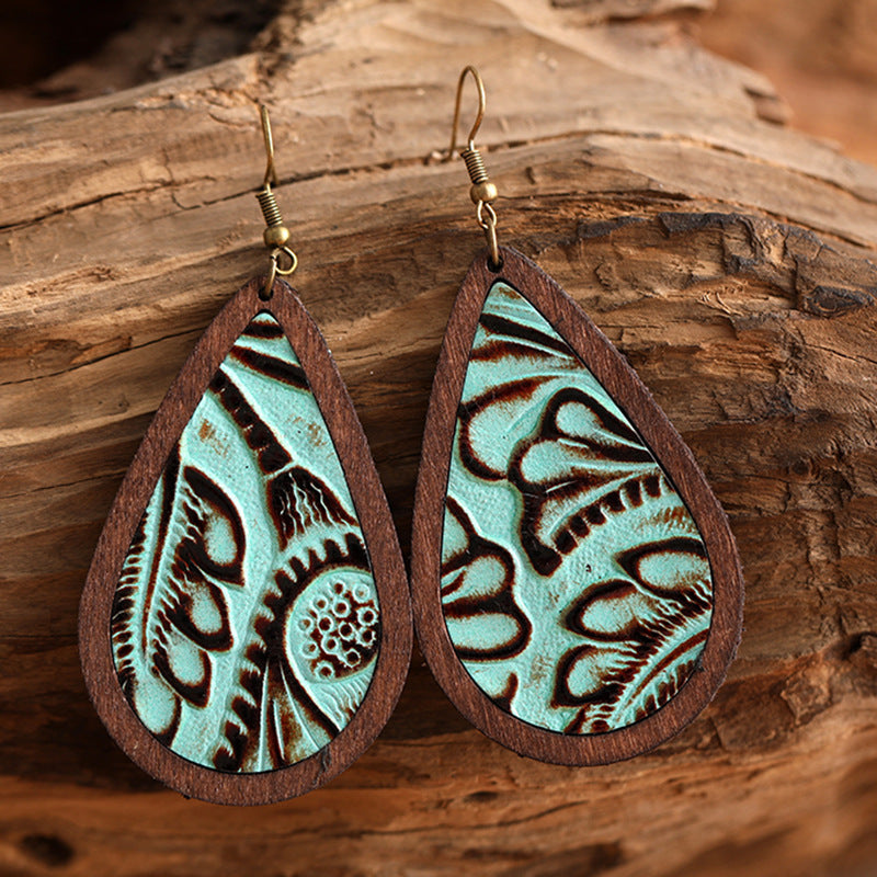 Tooled-Look Teardrop Earrings – Leather & Wood, 4 Styles – view 2