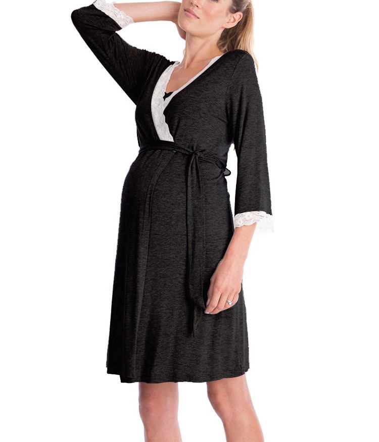 Wrap-Front Maternity Lounge Dress – Lace-Trim 3/4 Sleeve – view 6
