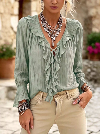 Ruffled Tie-Neck Long-Sleeve Blouse – Plus Size — view 4