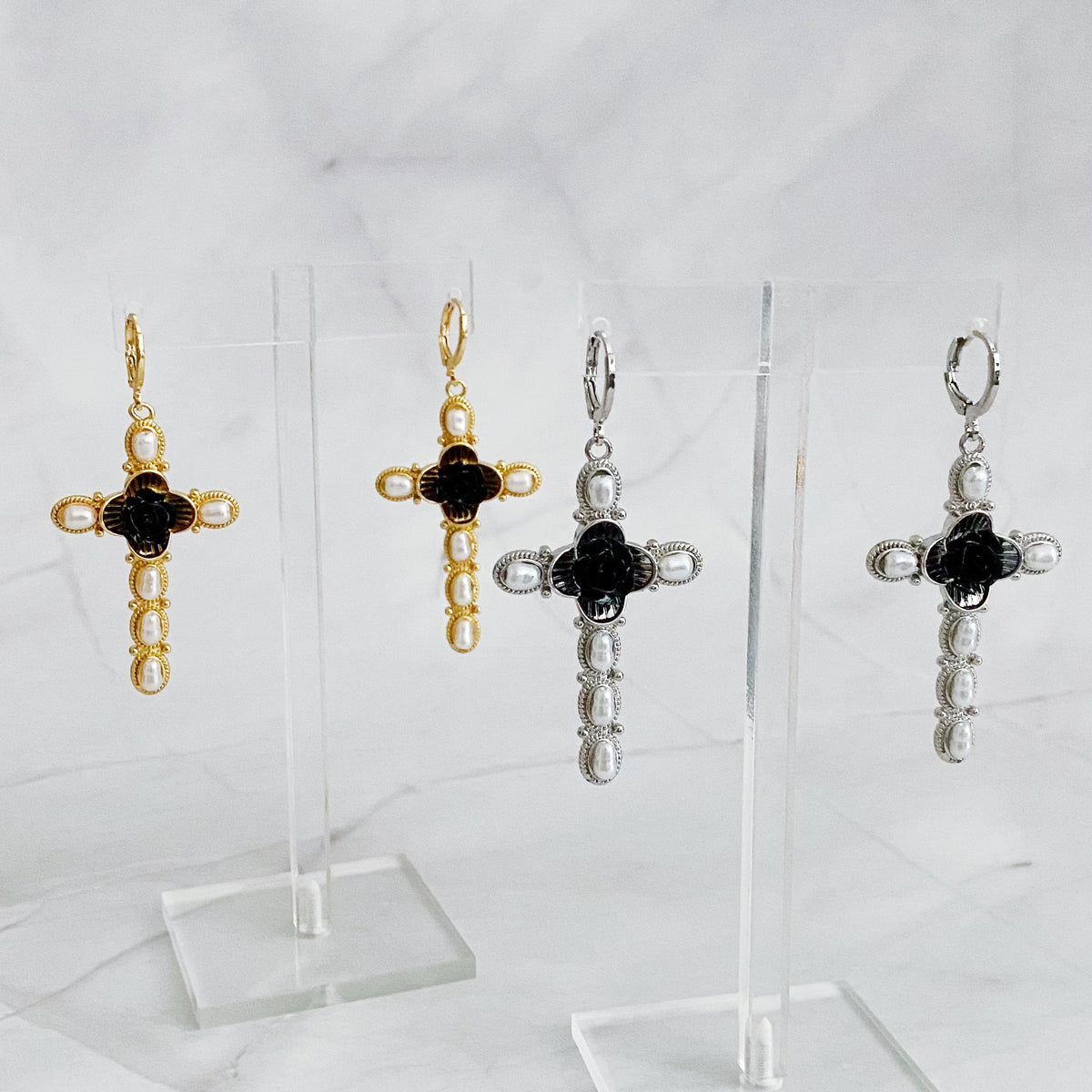 Black Rose Cross Drop Earrings-1