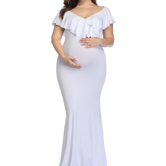 Ruffle Off-Shoulder Maternity Gown – Mermaid Photoshoot Dress