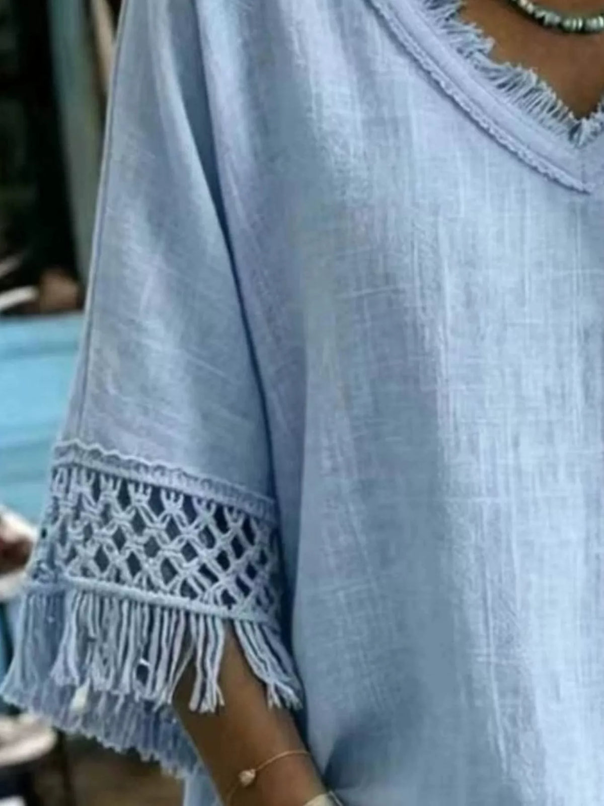 Fringe-Trim V-Neck Loose Blouse – Plus Size — view 2