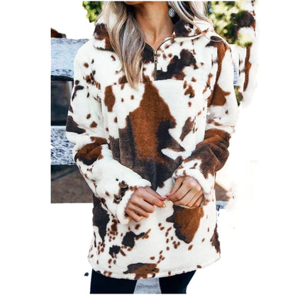 Cow Print Sweater – Women's Pullover, Brown – view 5