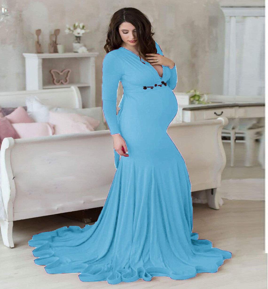 V-Neck Long-Sleeve Mermaid Maternity Gown – Trailing Photoshoot Dress – view 2