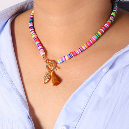 Clay Bead Shell Charm Necklace – 16 in