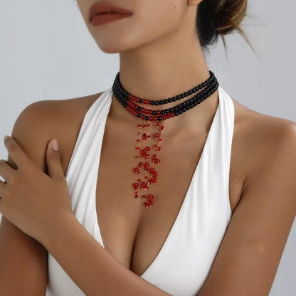 Halloween Beaded Choker — Layered Red Dangles