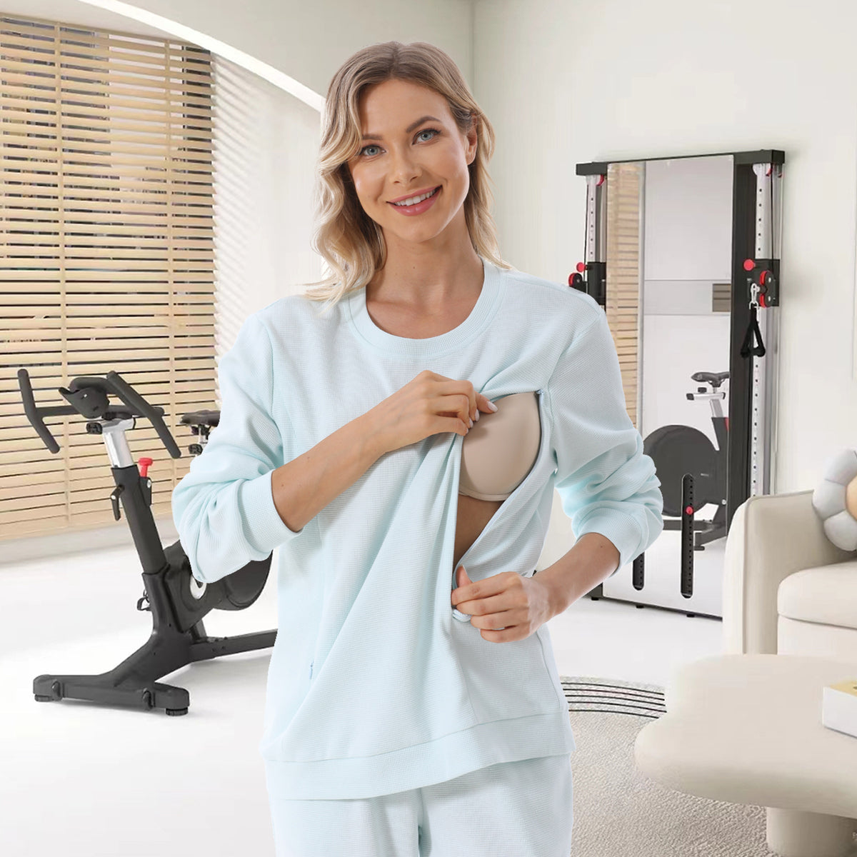 Nursing Sweatshirt – Zip Access, Waffle Knit Pullover – Azure