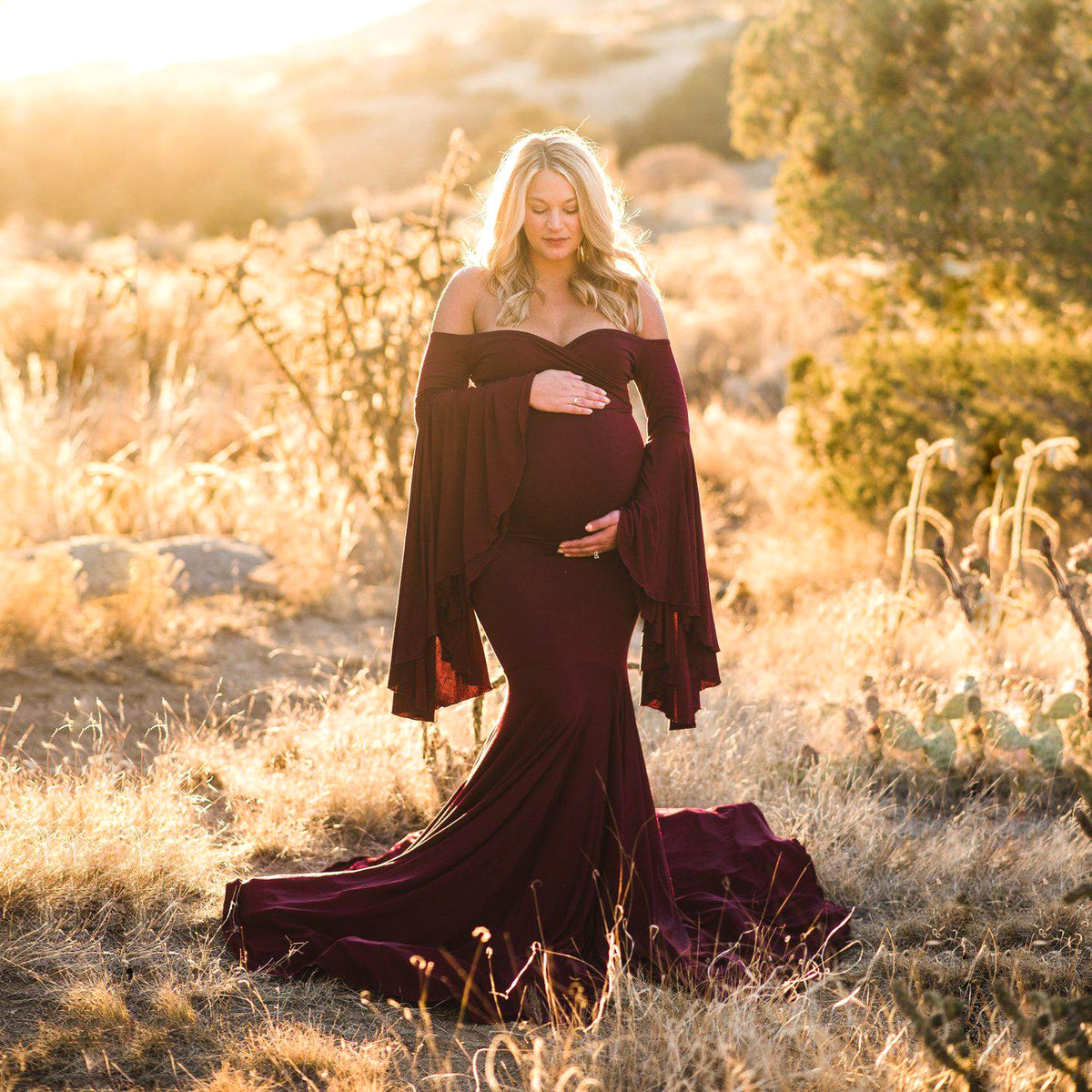 Bell-Sleeve Mermaid Maternity Gown – Ruffle Trailing Photoshoot Dress – view 5