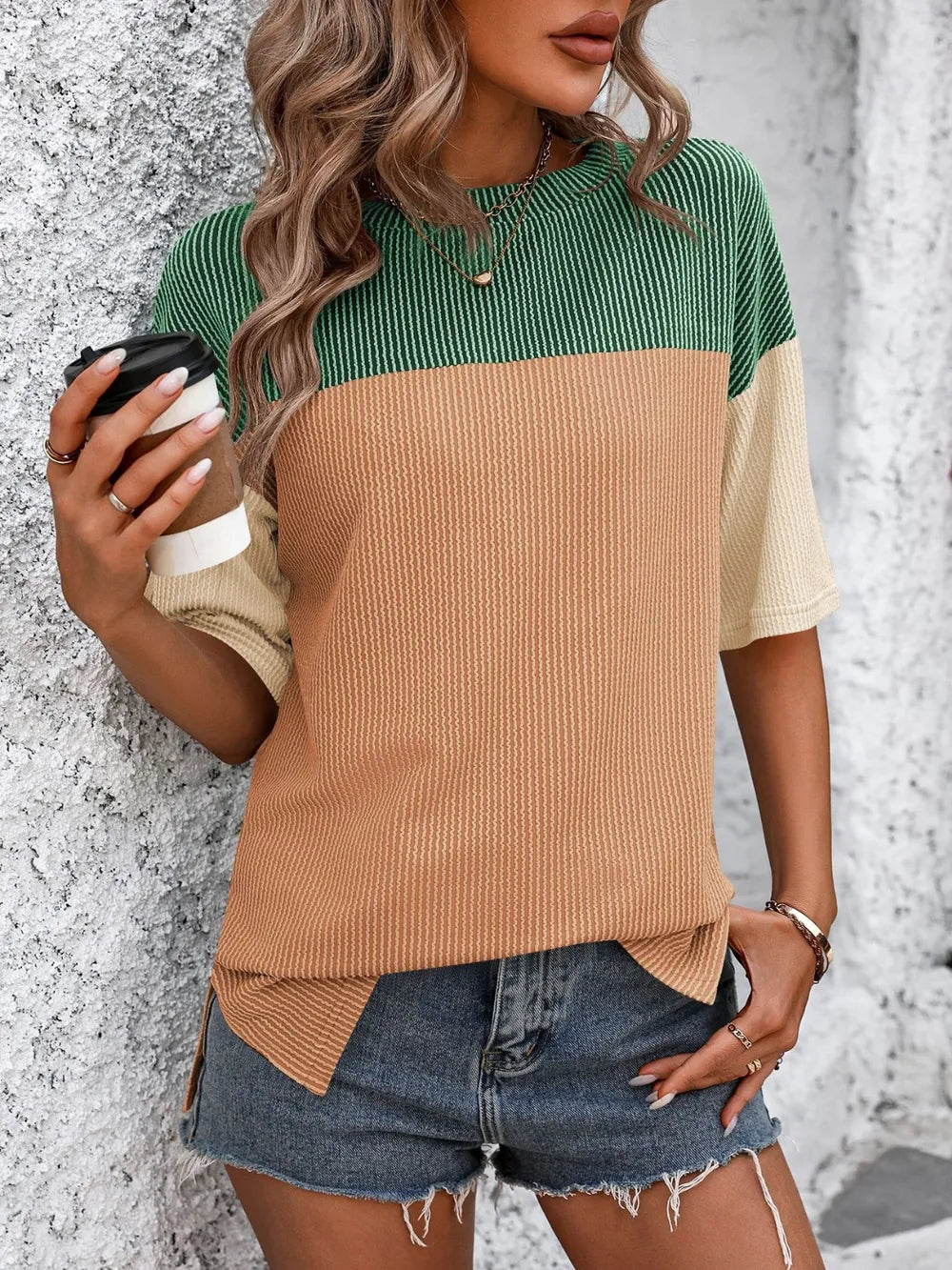 Color-block round-neck half-sleeve tee — view 21 | Organic Truth