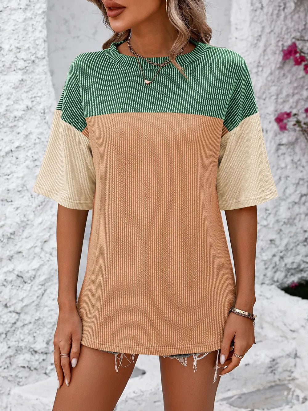Color-block round-neck half-sleeve tee — view 23 | Organic Truth