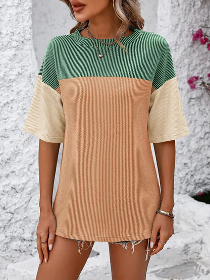 Color-block round-neck half-sleeve tee — view 23 | Organic Truth