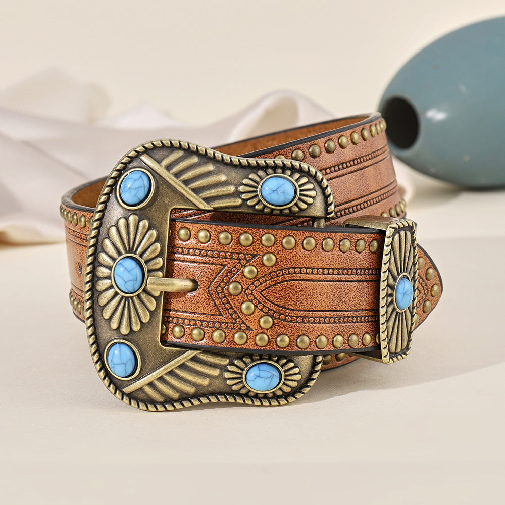 Concho Stud Western Belt – Blue-Green Stone-Look Buckle – view 2