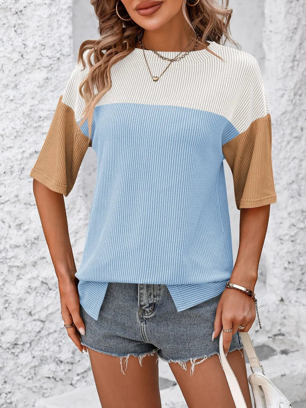 Color-block round-neck half-sleeve tee — view 7 | Organic Truth