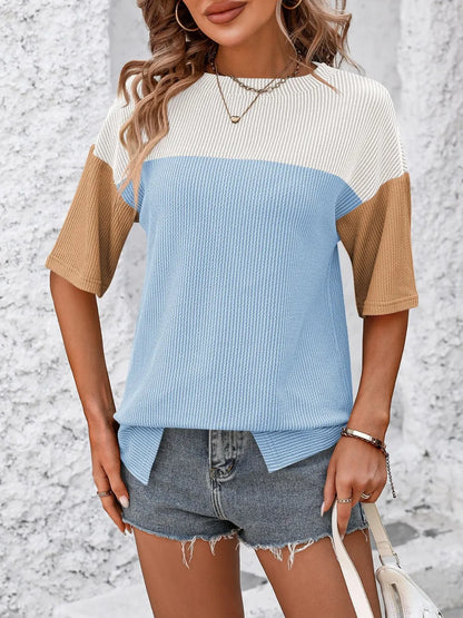 Color-block round-neck half-sleeve tee — view 7 | Organic Truth