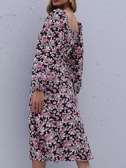 Square-Neck Puff-Sleeve Floral Midi – Black — view 6