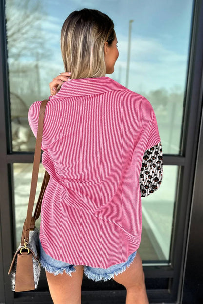 Western Shacket – Women's Leopard Patch Ribbed Knit, Rose – view 3
