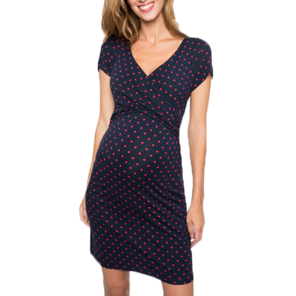 Polka Dot Nursing Dress – Crossover V-Neck Maternity Dress – view 5