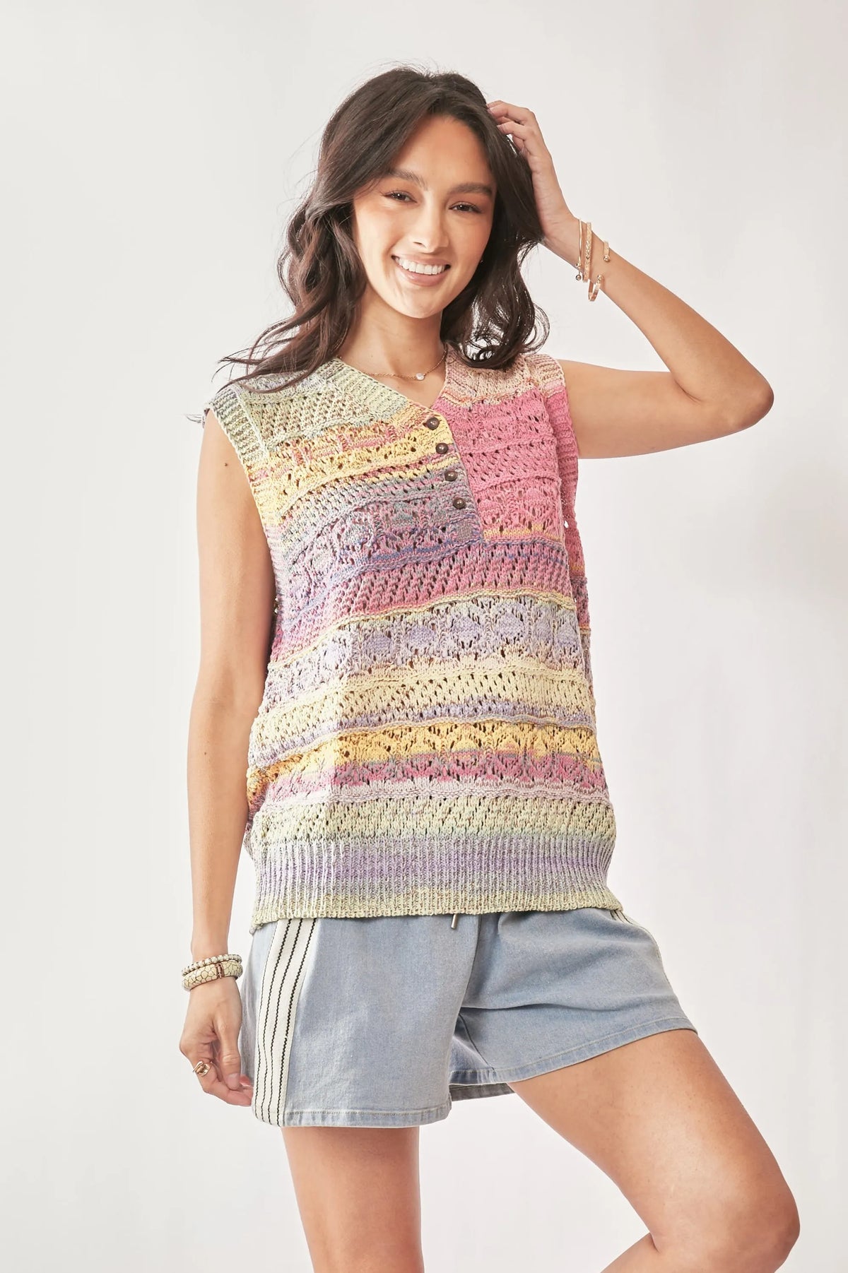 Crochet Sleeveless Knit Vest – Multi Color — view 4