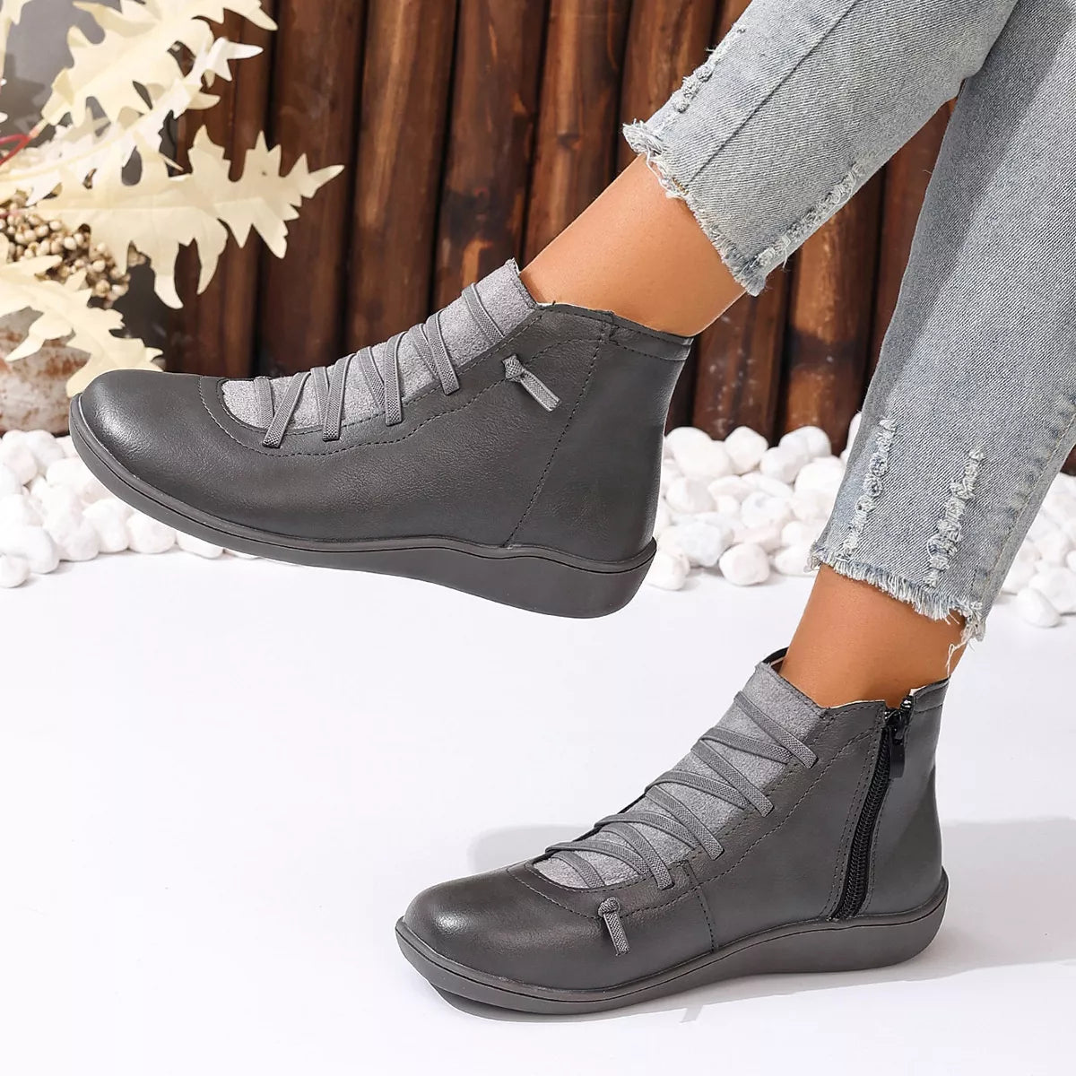Faux Leather Ankle Boots – Lace-Up — view 28